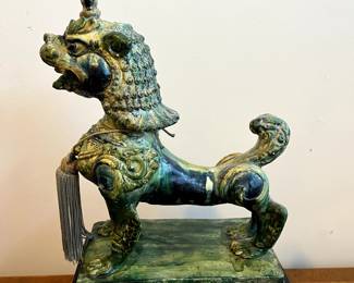 C99 - $350. PAIR of Foo Dogs on Hollow Wooden Stands. Measures 11" x 6" x 19" tall. One "knob/horn" has been repaired. Beautiful colors!