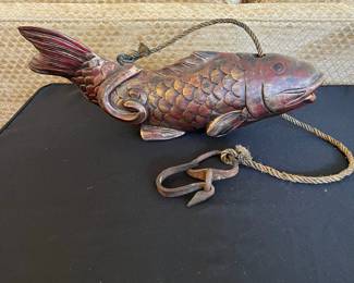 C71 - $100. Vintage Jizai Kagi Japanese Wooden Koin Fish with Hook. Measures 18" long x 6.75" wide. 