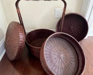 C51 - $250. Vintage Chinese 3 Tier Wedding Basket. Measures 18" diameter x 28" tall. 