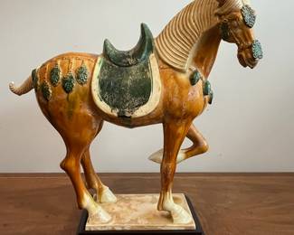 C41 - $200. T'ang Sancai Porcelain Horse.  Measures 20" long x 19.5" tall + base. 