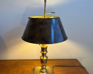 C34 - $175. Bouillotte Lamp by Wildwood Lamp with Metal Shade. Brass Base is 7.5" square x 27" tall. Excellent Condition - no dents in shade. 