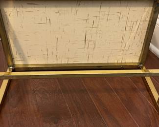C15 - $175. Ivory Colored Lacquered Finish Chest on H Frame Brass Frame. Measures 18" wide x 10" deep x 18" tall. (Does NOT come off stand.) I believe this is Baker Furniture based on google results but the tag is missing. VERY sturdy piece. 