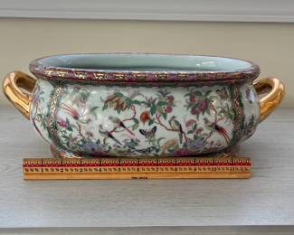 C50 - $250. Chinese Famille Rose Porcelain Large Fish Bowl. Measures 18" x 10.5" x 6" tall. HEAVY. Gold Painted Handles. No issues noted. 