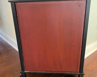 C49 - $150. Small 4 door Asian Cabinet. Lacquered Finish black & red. Measures 21" wide x 12.75" deep x 27.5" tall. 