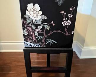 C35 - $125. Black Lacquered Chest on Stand. Cranes on the top and floral pattern around. Measures 16" wide x 11" deep x 23" tall. 3 drawers slide easily. No issues noted. 