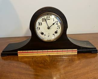 C26 - $60. Beautiful Mantle Clock. Tambour No. 70. Manufactured by the New Haven Clock Co. Measures 20" x 4.5" x 9.5" tall. No key included but it is ticking and chiming!