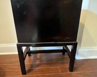C35 - $125. Black Lacquered Chest on Stand. Cranes on the top and floral pattern around. Measures 16" wide x 11" deep x 23" tall. 3 drawers slide easily. No issues noted. 