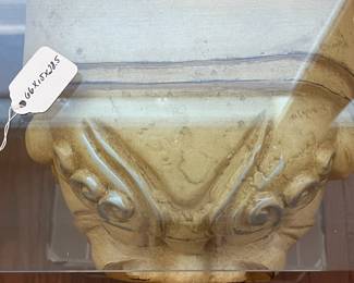 C42 - $450. Foo Dog Side Table. Glass top with lucite bases. Measures 66" x 15" deep x 28.5" tall. Dogs are porcelain material. 