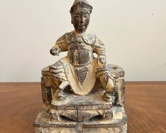 C36 - $75. Carved Wooden Statue. Measures 6" wide x 5" deep x 9" tall. Beautifully carved. Chip on the back of the robe. 