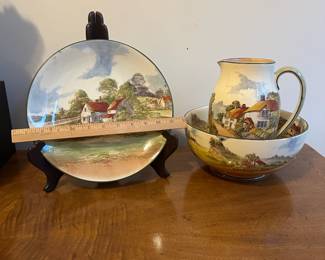 C127 - $95. 3 Pc Set of Royal Doulton Seriesware England China. Plate is 10". Bowl is 9" x 4.25". (This has chips all around the edge and the most wear). Pitcher is 8" tall. 