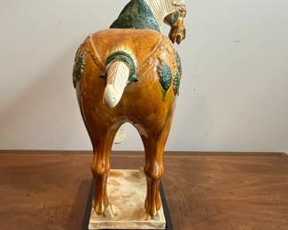 C41 - $200. T'ang Sancai Porcelain Horse.  Measures 20" long x 19.5" tall + base. 