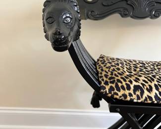 C6 - $175. Savonarola Folding Chair. Measures 24" wide x 19" deep x 32.5" tall. (Leopard Cushion is removable) Nice lacquered black finish. 
