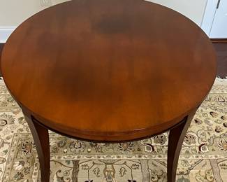 C66 - $425. PAIR of Sherrill Occasional Tables from Furnitureland South. Both are 36" round. Tall one is 26" tall. Shorter is 19" tall. The taller one has some sun fading on the top. (Retail $994 & $825)