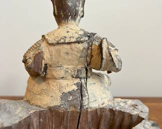 C36 - $75. Carved Wooden Statue. Measures 6" wide x 5" deep x 9" tall. Beautifully carved. Chip on the back of the robe. 
