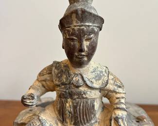 C36 - $75. Carved Wooden Statue. Measures 6" wide x 5" deep x 9" tall. Beautifully carved. Chip on the back of the robe. 