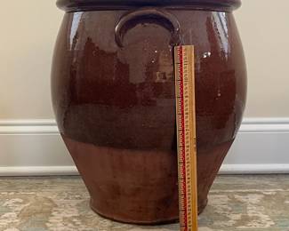 C70 - English Pottery - Redware Bread Crocks. $225 Tallest 15" wide x 15" tall. $175 smaller 12" x 12".  Larger has crazing on the inside. Both have hairline cracks that start at the top and go down a couple inches. 