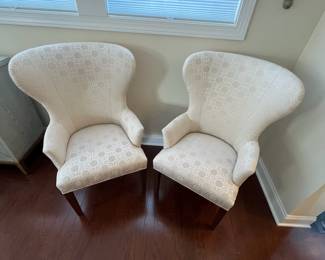 C73 - $1,250 PAIR of Custom Upholstered Hostess Chairs. Custom Fabric "1918 Garbo". Measures 29" x 29" deep x 42" tall. Floor to seat is 19". (Retail was $3,143 on the pair.) EXCELLENT condition. 