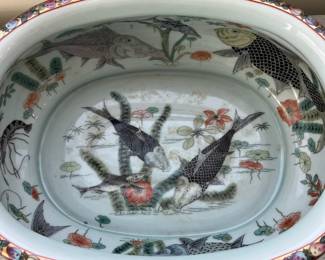 C50 - $250. Chinese Famille Rose Porcelain Large Fish Bowl. Measures 18" x 10.5" x 6" tall. HEAVY. Gold Painted Handles. No issues noted. 