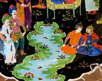 C60 - $30. Vintage Hand Painted Turkish Plate. Signed "Islander at a feast in Khagons Palaces Erol" Measures 12.75" diameter. 