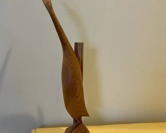 C106 - $50. Teak Wood Carved Crane. (Signed but not legible.) Measures 3.75" x 2.75" x 18.25" tall. 