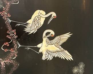 C35 - $125. Black Lacquered Chest on Stand. Cranes on the top and floral pattern around. Measures 16" wide x 11" deep x 23" tall. 3 drawers slide easily. No issues noted. 