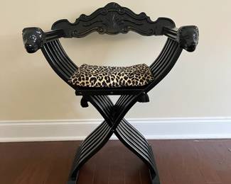 C6 - $175. Savonarola Folding Chair. Measures 24" wide x 19" deep x 32.5" tall. (Leopard Cushion is removable) Nice lacquered black finish. 