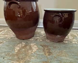 C70 - English Pottery - Redware Bread Crocks. $225 Tallest 15" wide x 15" tall. $175 smaller 12" x 12".  Larger has crazing on the inside. Both have hairline cracks that start at the top and go down a couple inches. 