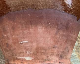 C70 - English Pottery - Redware Bread Crocks. $225 Tallest 15" wide x 15" tall. $175 smaller 12" x 12".  Larger has crazing on the inside. Both have hairline cracks that start at the top and go down a couple inches. 