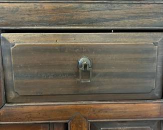 C16 - $225. Asian Antique Cabinet. Solid wood - very light to move. Has 5 Drawers - 1 Middle Cabinet with 2 doors. Measures 38.25" x 17.5" deep x 35.5" tall. Versatile piece for TV or storage!