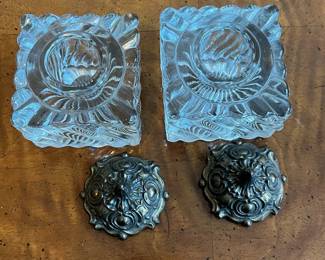 C19 - $25 PAIR. Thick glass inkwells with lids. No chips noted. Glass is 2.5" square x 3" tall with lid. 