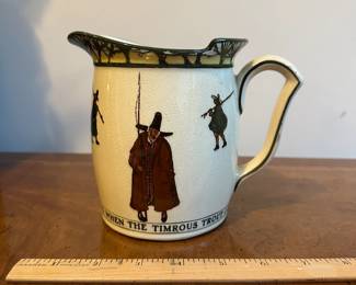 C125 - $50. Royal Doulton Pitcher.  "And when the timrous trout I wait to take, and he devours my bait." Measures 7" wide x 5.5" tall. 