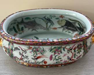 C50 - $250. Chinese Famille Rose Porcelain Large Fish Bowl. Measures 18" x 10.5" x 6" tall. HEAVY. Gold Painted Handles. No issues noted. 