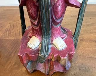 C31 - $75. Carved wooden figure  - polychrome finish. Has significant repair at the neck and base.  Measures 6.5" wide x 4.5" x 19.5" tall. 