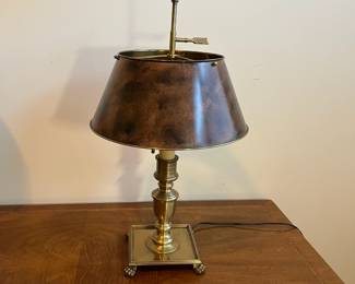 C34 - $175. Bouillotte Lamp by Wildwood Lamp with Metal Shade. Brass Base is 7.5" square x 27" tall. Excellent Condition - no dents in shade. 