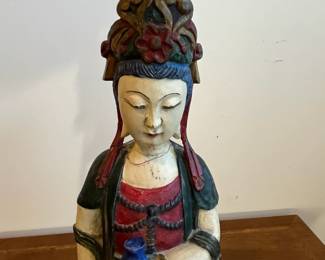 C31 - $75. Carved wooden figure  - polychrome finish. Has significant repair at the neck and base.  Measures 6.5" wide x 4.5" x 19.5" tall. 