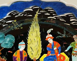 C60 - $30. Vintage Hand Painted Turkish Plate. Signed "Islander at a feast in Khagons Palaces Erol" Measures 12.75" diameter. 