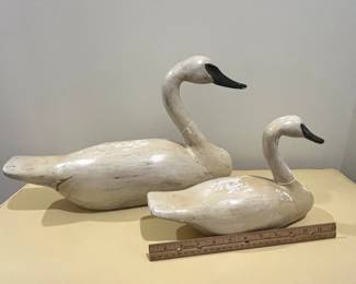 C96 - $275 PAIR of Decorative Swan Decoys. Wooden - Unsigned. Largest is 19.75" long x 11.5" tall. Smaller is 12.25" long x 7.75" tall. 
