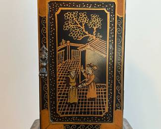 C33 - $30. Battery Powered Desk Clock/Jewelry Box.  Measures 6.25" wide x 4" deep x 23.5" tall. Middle & Bottom section open with felt lining. 