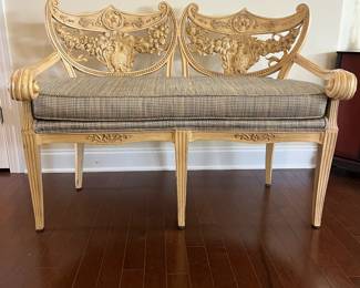 C22 - $750. Antique Bench from hotel in Downtown Detroit - early 1900s. Has been reupholstered. Measures 52" wide x 28" deep x 37" tall. Floor to seat is 22.5". Back middle leg has been repaired. Lightweight to move but very sturdy. Great Statement Piece! 