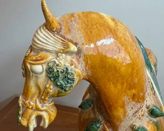 C41 - $200. T'ang Sancai Porcelain Horse.  Measures 20" long x 19.5" tall + base. 