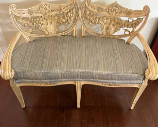 C22 - $750. Antique Bench from hotel in Downtown Detroit - early 1900s. Has been reupholstered. Measures 52" wide x 28" deep x 37" tall. Floor to seat is 22.5". Back middle leg has been repaired. Lightweight to move but very sturdy. Great Statement Piece! 