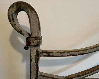 C11 - $1250. Queen Iron Bed Frame. Old Biscayne Designs "Florence". Signed "Gabrielli 08". Headboard is 62" tall. Footboard is 38" tall. Like NEW Original Mattress Factory Mattress (Orthopedic) & Box Spring. They have always been covered. 