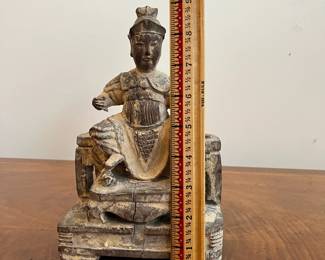 C36 - $75. Carved Wooden Statue. Measures 6" wide x 5" deep x 9" tall. Beautifully carved. Chip on the back of the robe. 