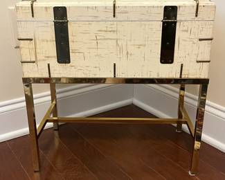 C15 - $175. Ivory Colored Lacquered Finish Chest on H Frame Brass Frame. Measures 18" wide x 10" deep x 18" tall. (Does NOT come off stand.) I believe this is Baker Furniture based on google results but the tag is missing. VERY sturdy piece. 