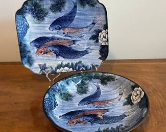 C59 - $40 PAIR Sun Ceramics - Made in Japan. Tray - Measures 13" x 10.75". Round Bowl Measures 12" diameter x 2.5" deep. 