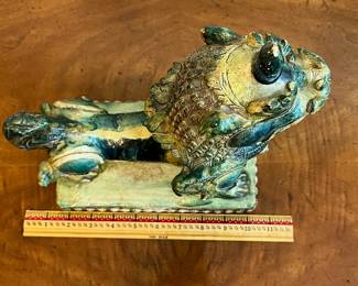 C39 - $75. Foo Dog Designed & Modeled by Seven Moons Studios. 1950. Measures 10" x 5.5" x 13" tall. One corner had chipped off and has been re-glued. 