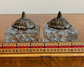 C19 - $25 PAIR. Thick glass inkwells with lids. No chips noted. Glass is 2.5" square x 3" tall with lid. 