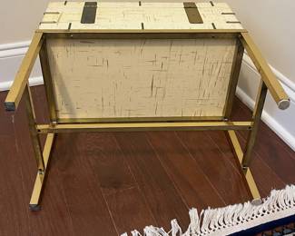 C15 - $175. Ivory Colored Lacquered Finish Chest on H Frame Brass Frame. Measures 18" wide x 10" deep x 18" tall. (Does NOT come off stand.) I believe this is Baker Furniture based on google results but the tag is missing. VERY sturdy piece. 