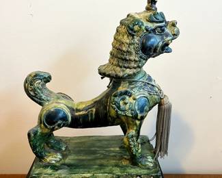 C99 - $350. PAIR of Foo Dogs on Hollow Wooden Stands. Measures 11" x 6" x 19" tall. One "knob/horn" has been repaired. Beautiful colors!