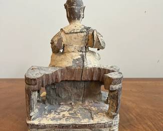 C36 - $75. Carved Wooden Statue. Measures 6" wide x 5" deep x 9" tall. Beautifully carved. Chip on the back of the robe. 